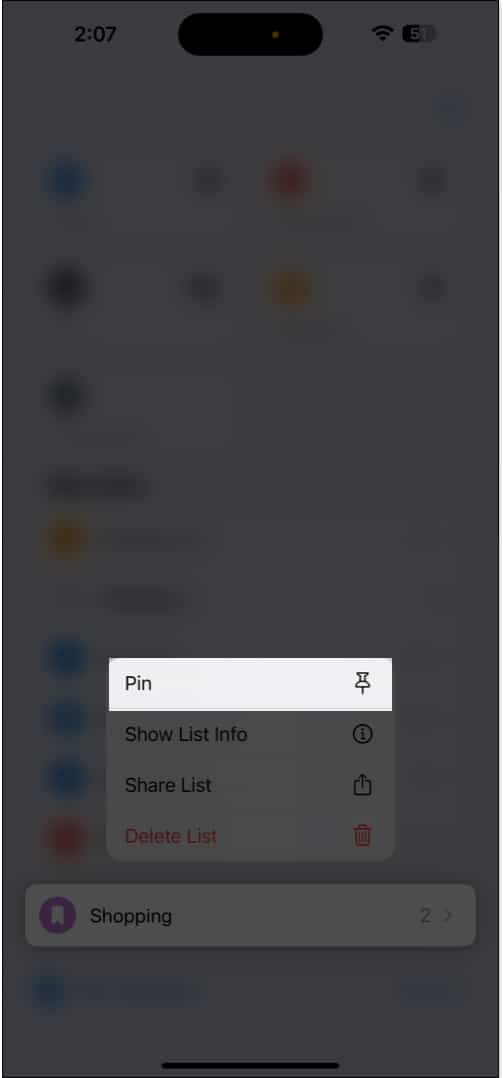 Pinning a list in Reminders