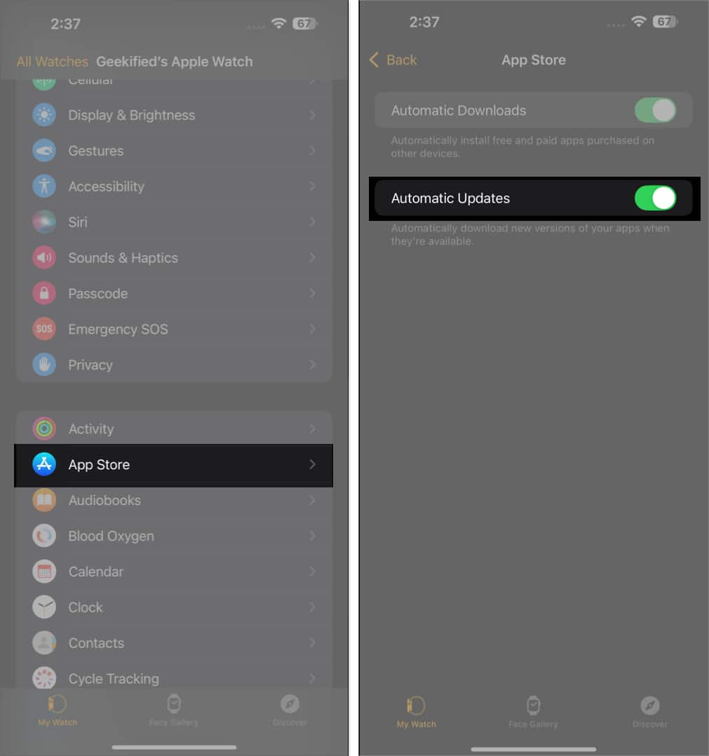 Enabling Automatic Updates for App Store apps in the Watch app on an iPhone