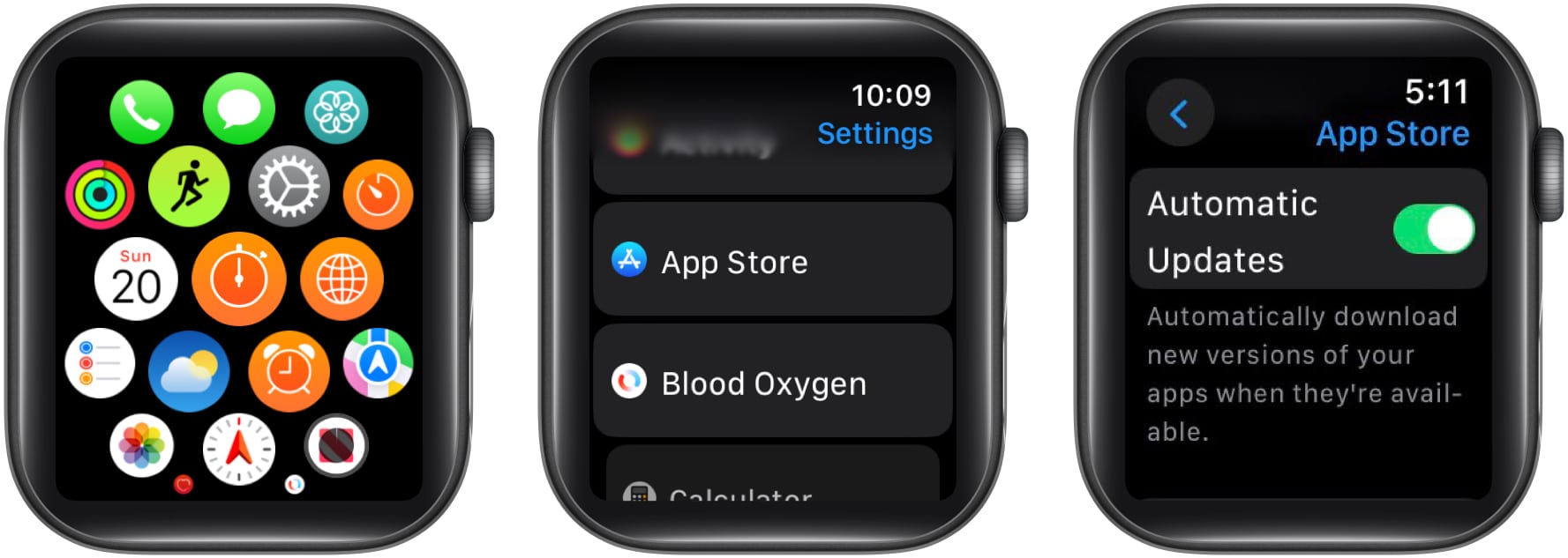 Enabling App Store's Automatic Updates option in the Apple Watch Settings app.