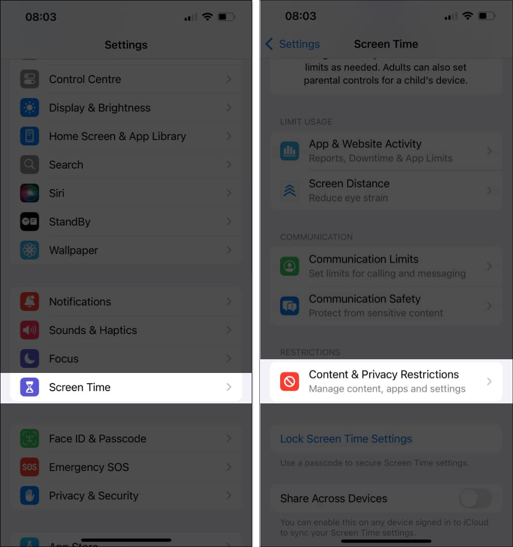 Tap on Content and Privacy Restrictions in Screen Time iPhone settings