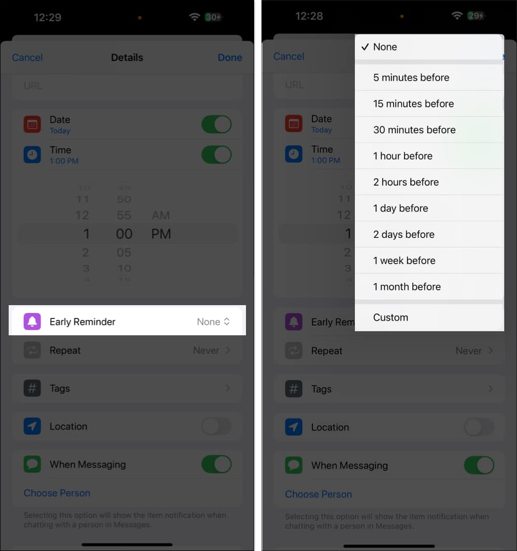 Setting an early reminder in the Reminders app on an iPhone