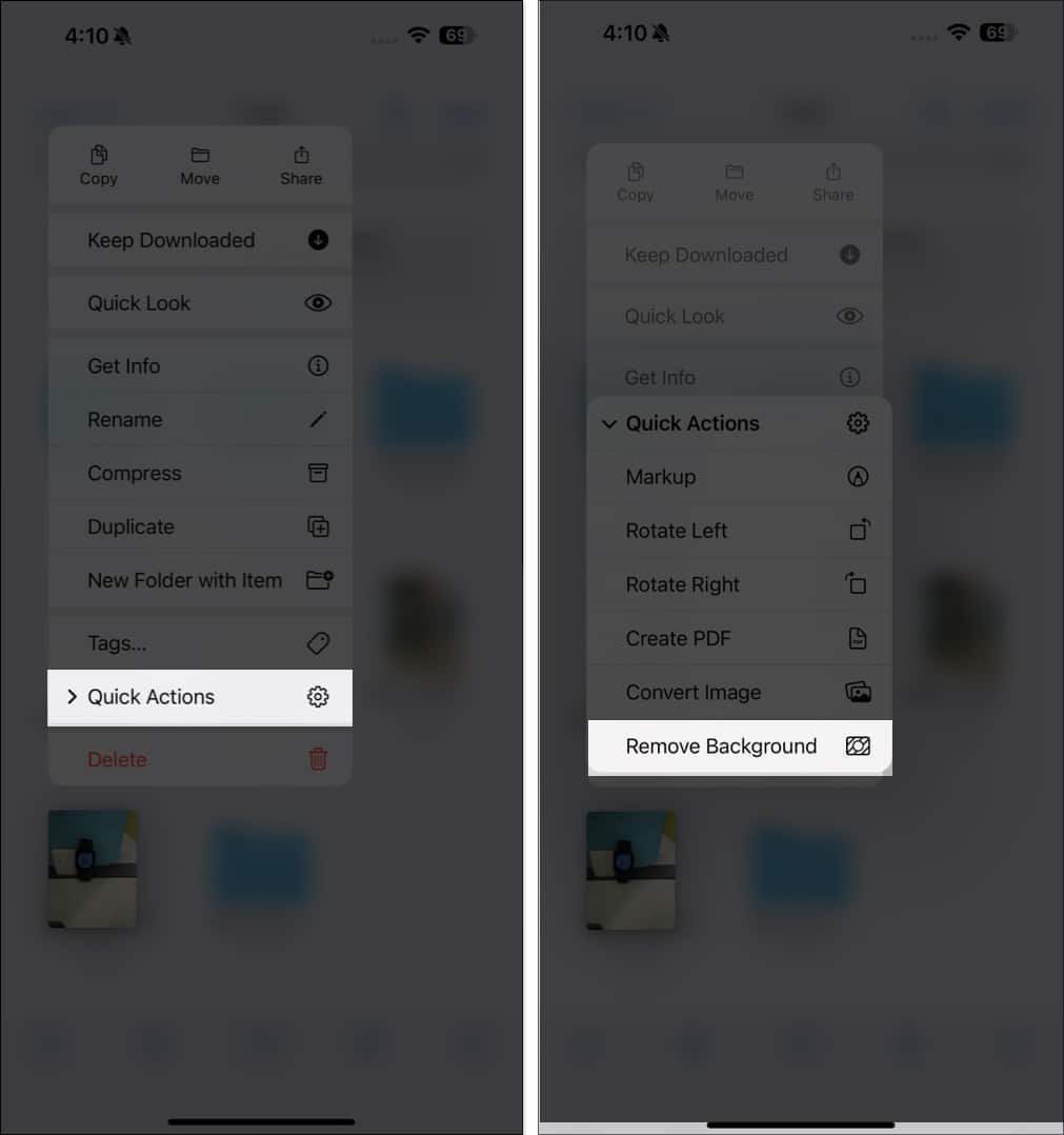 Използване на бързото действие Премахване на фона за премахване на фона от избрани изображения в приложението Файлове на iPhone