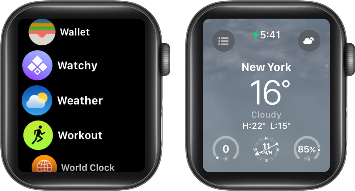 Weather app on an Apple Watch