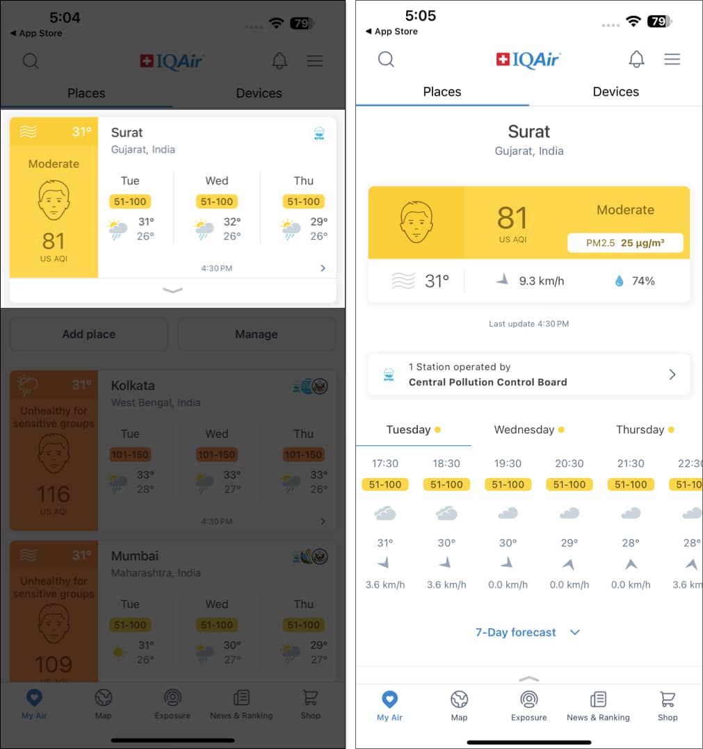 Checking AQI for a location in the IQAir AirVisual on an iPhone