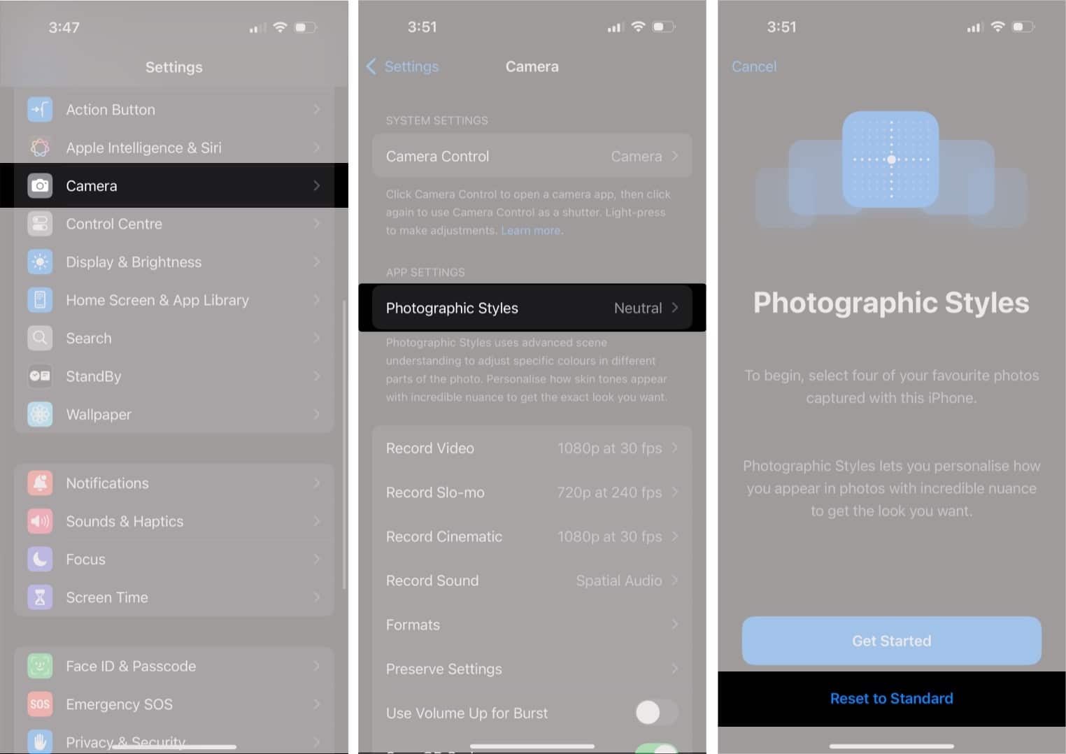 Resetting Photographic Styles to Standard in iPhone Settings app