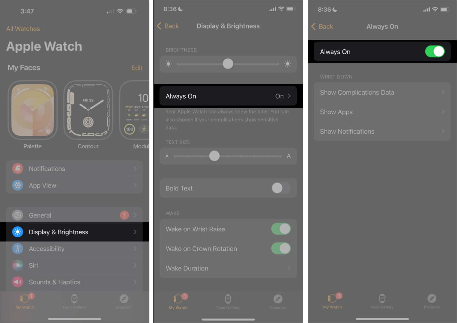 Toggling on Always On feature on an Apple Watch using the Watch app on an iPhone
