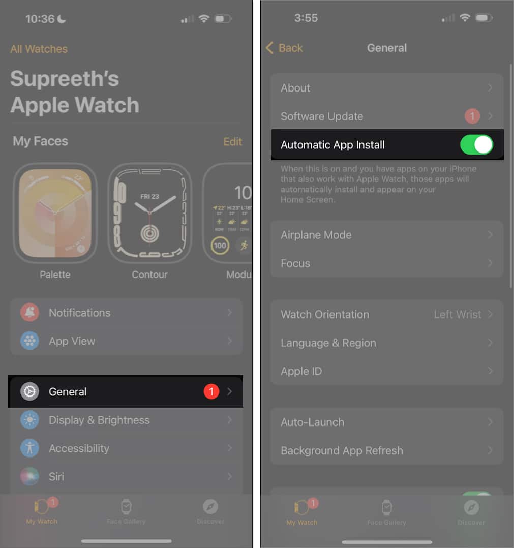 Toggling on the Automatic App Install option in the Watch app settings