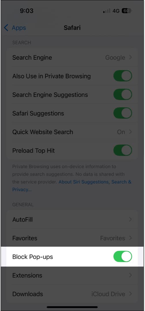 Safari'de web sitesi açılır pencerelerini devre dışı bırakmak için iPhone Ayarlarında Açılır Pencereleri Engelle seçeneğine geçiş yapma