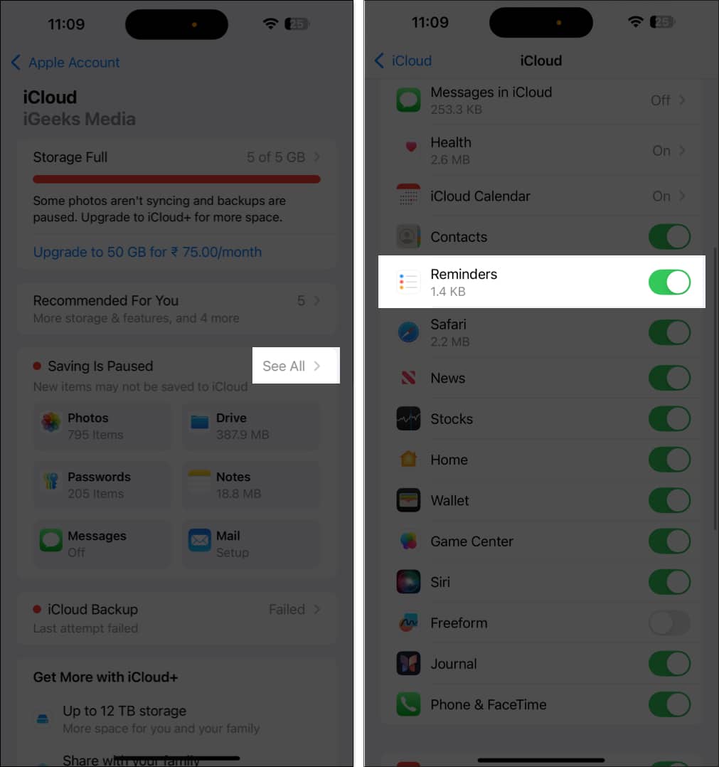 Enabling iCloud sync for Reminders app in iPhone Settings