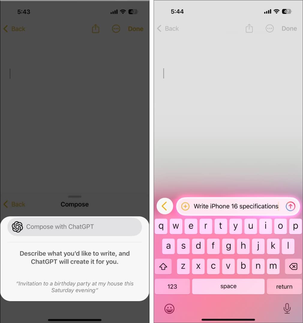 Använda ChatGPT Compose-prompten i Notes-appen på en iPhone