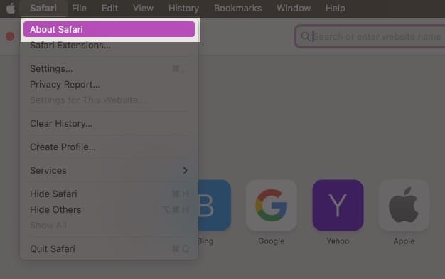 klikněte na O Safari v Safari na Macu