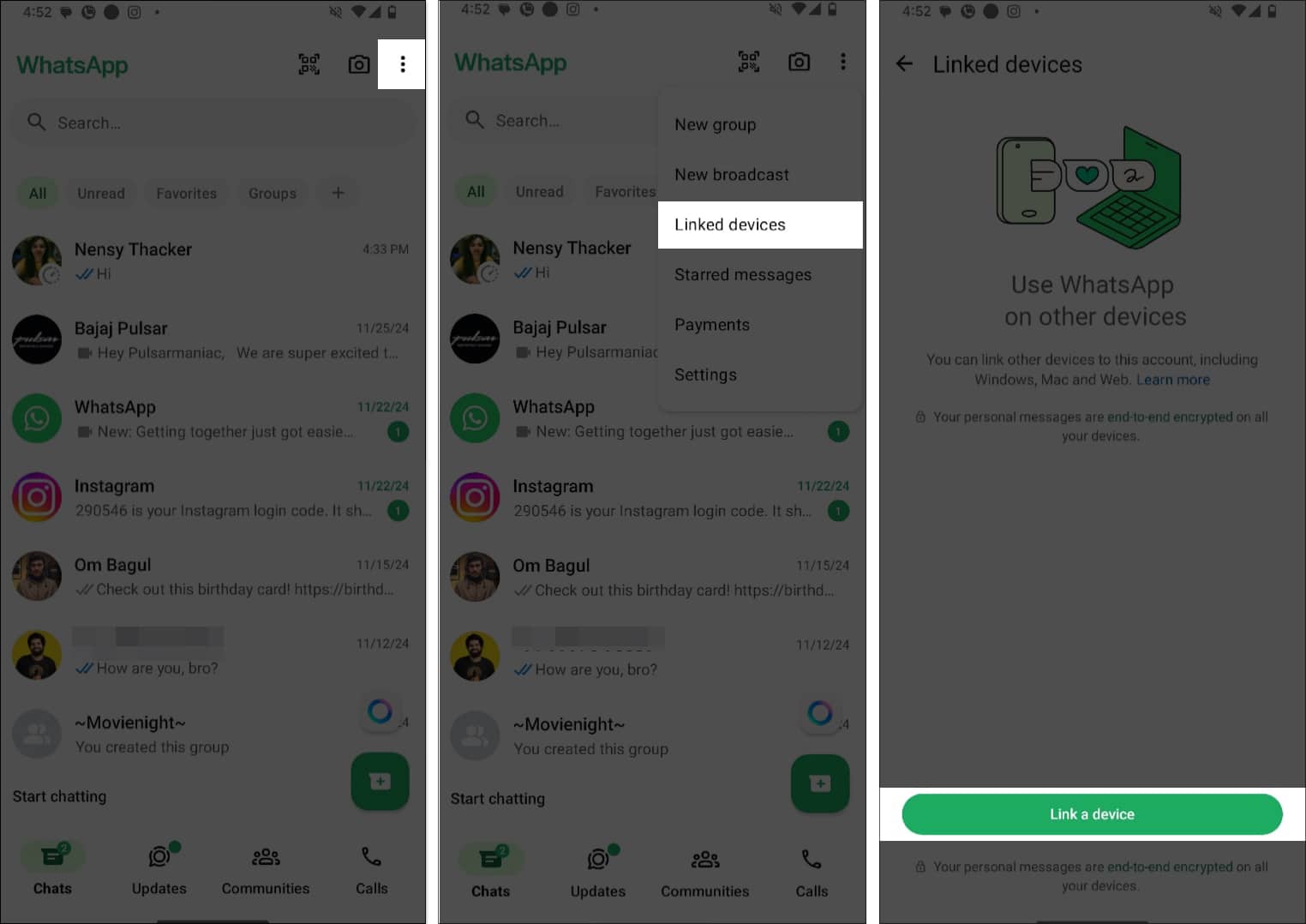 Android'de WhatsApp'ta Cihaz Bağla düğmesine erişme