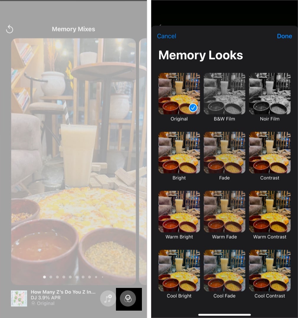 Applying filter to a memory movie in the Photos app