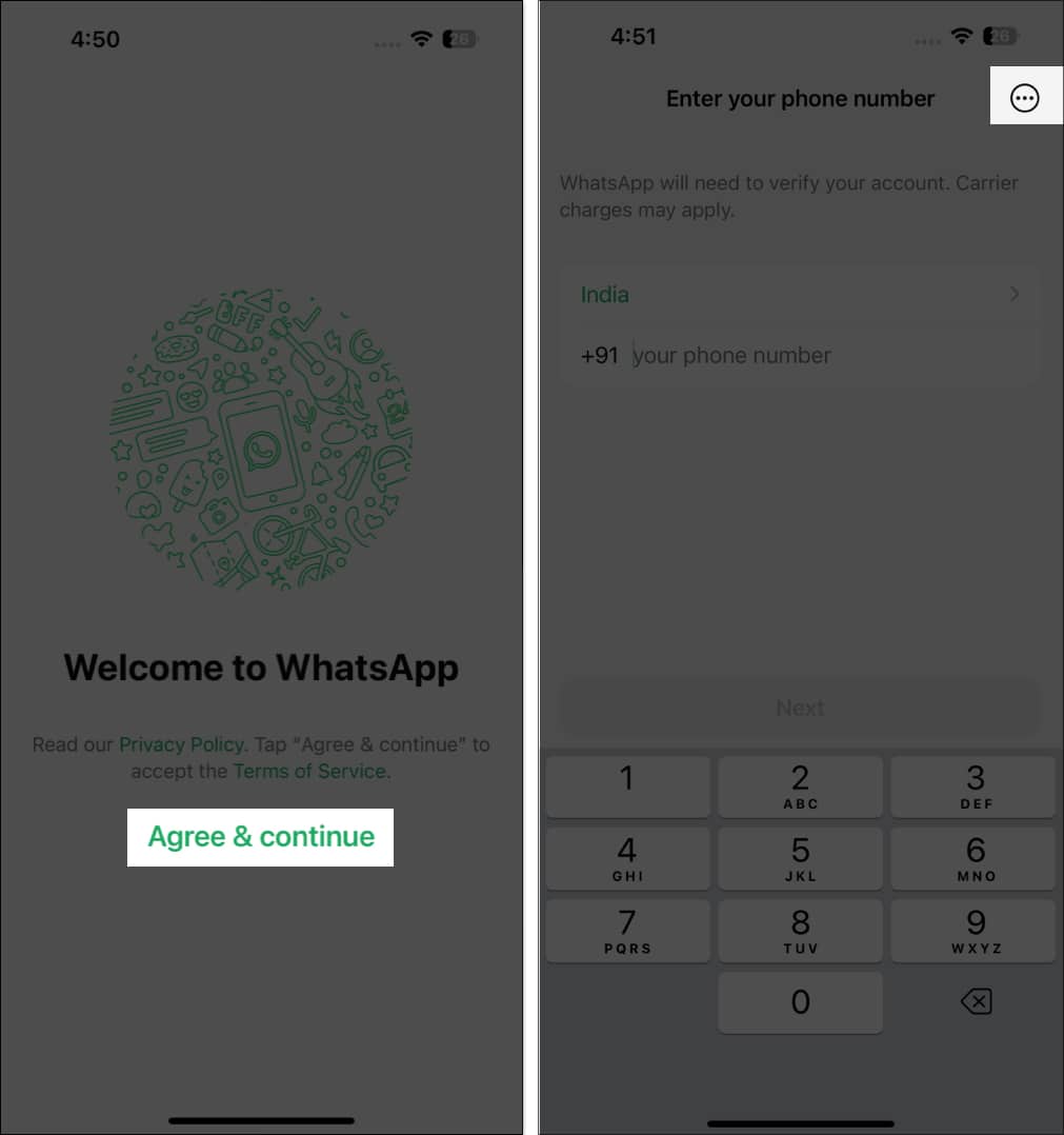 iPhone'da WhatsApp hüküm ve koşullarını kabul etme ve Yardımcı Cihaz Olarak Bağlantı seçeneğini bulma