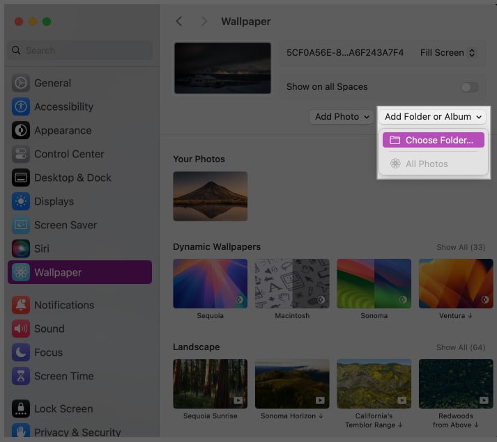Choose a Folder option to use a custom wallpaper as a live wallpaper for your Mac