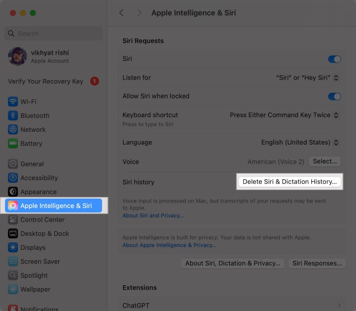 Knappen Ta bort Siri dikteringshistorik i Apple System Settings-appen på en Mac