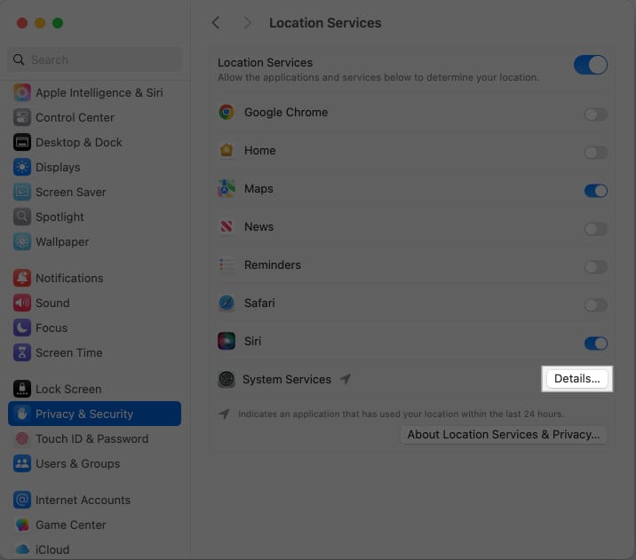 Accessing System Services details in Mac System Settings app