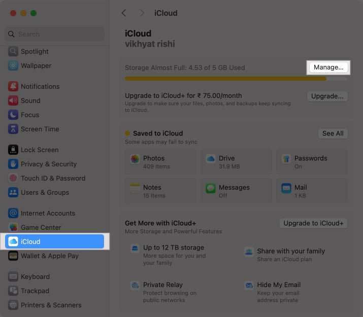 iCloud yaddaşına daxil olmaq üçün macOS Sistem Parametrləri tətbiqində seçimi idarə edin