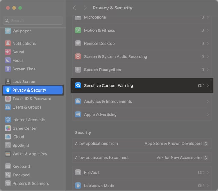 Click on Sensitive Content Warning from Privacy and Security settings on Mac