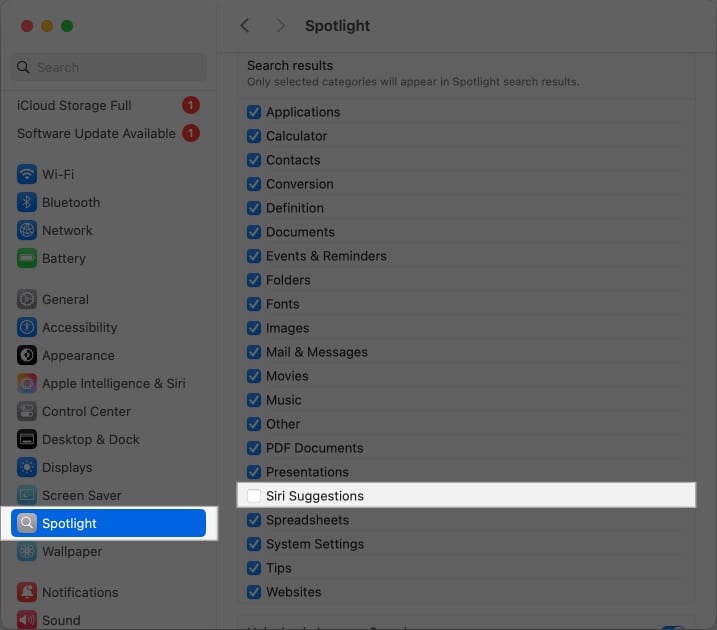 Deselecting the Siri Suggestions option for Spotlight on a Mac