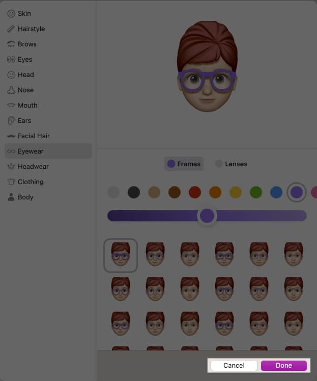 Redigera en Memoji för att ändra dess utseende i macOS Messages-appen