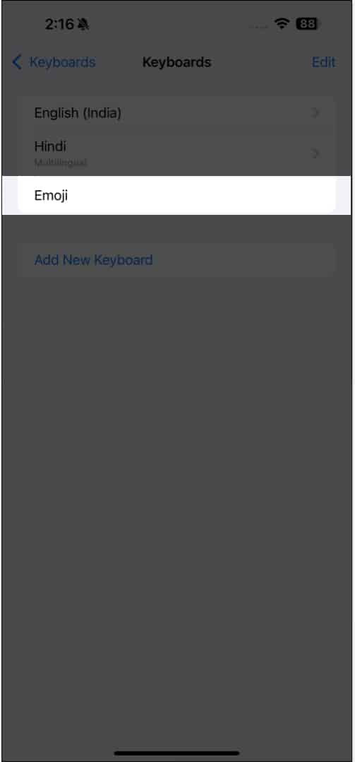 Emoji keyboard under the Keyboard settings page on an iPhone