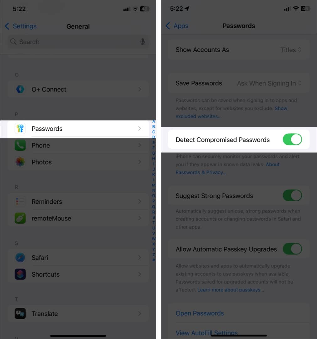 Enable Detect Compromised Passwords in iPhone Settings