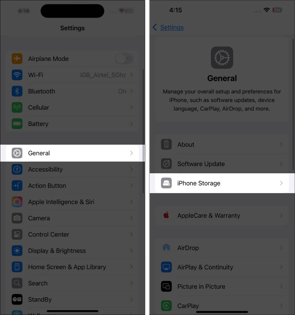 Open iPhone Storage settings on iPhone