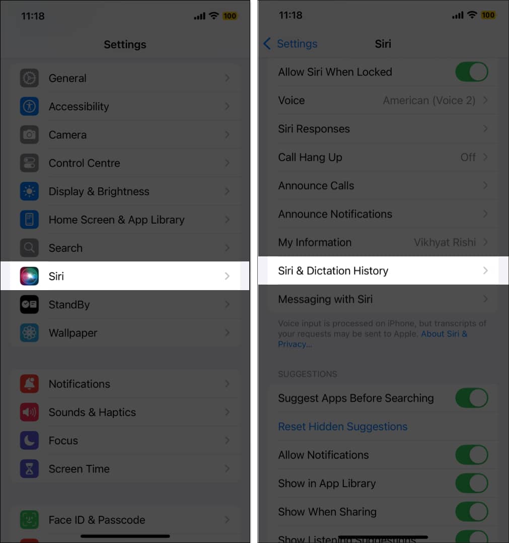 Åtkomst till alternativet Siri och dikteringshistorik i appen iPhone Settings