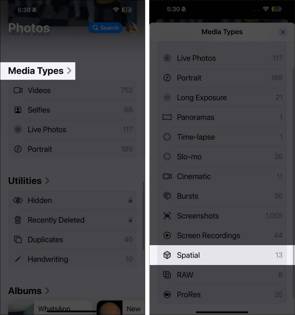 Tap on Media Type and select Spatial option in Photos app on iPhone