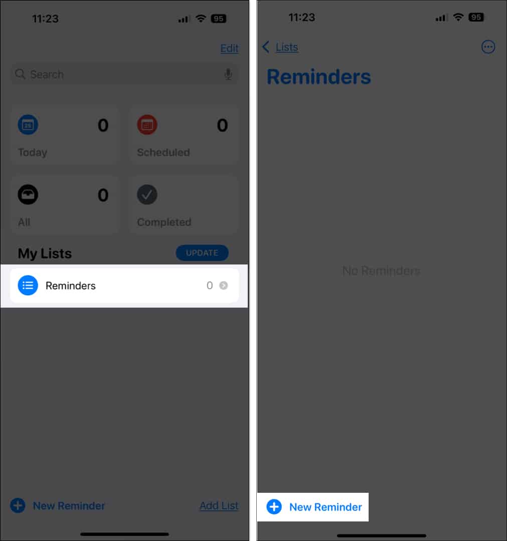 Creating a new reminder in the Reminders app on an iPhone