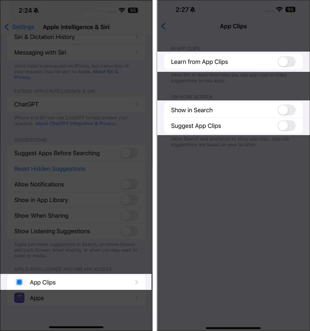 Toggling off Siri Suggestions for App Clips on an iPhone