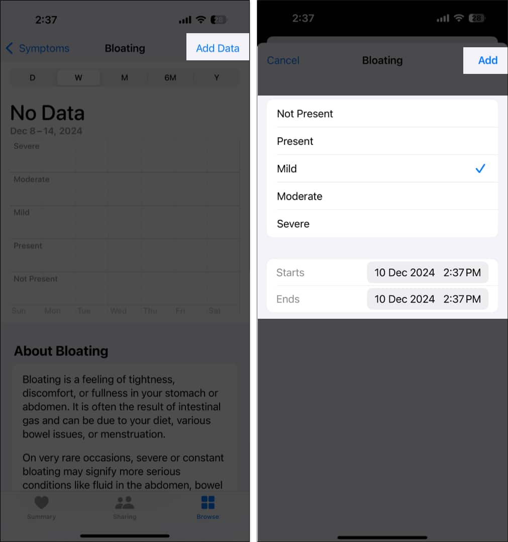 Adding symptoms data in the Health app on an iPhone