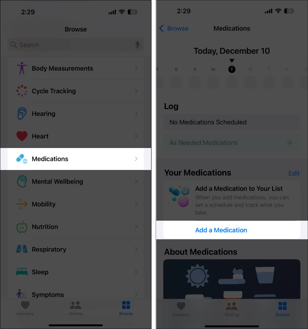 Add a Medication option under Medications in the Health app on an iPhone