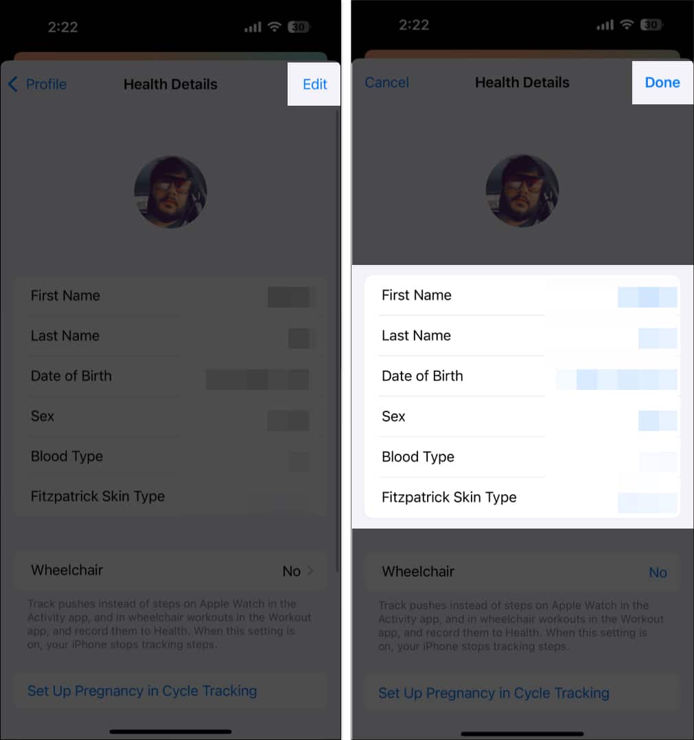 Adding health details in the Health app to set up a Health profile on an iPhone