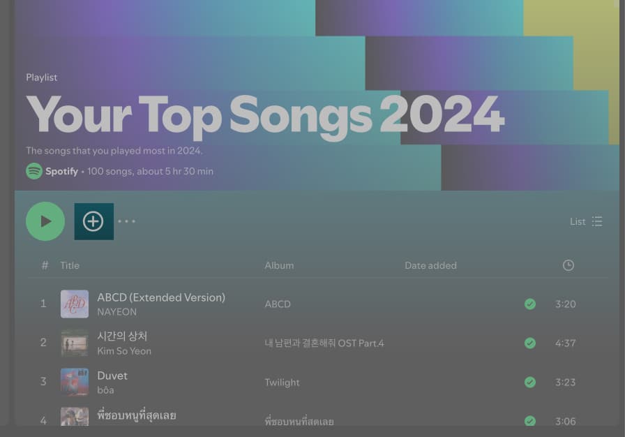 Saving Your Top Songs 2024 playlist on the Spotify app on a Mac