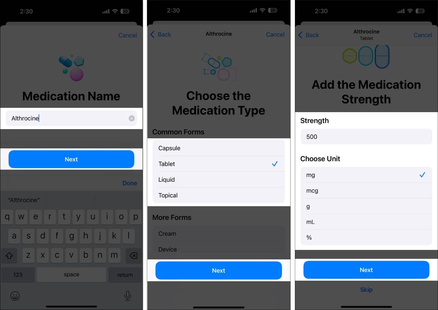 Entering medicine details for setting up a medicine schedule in iOS Health app