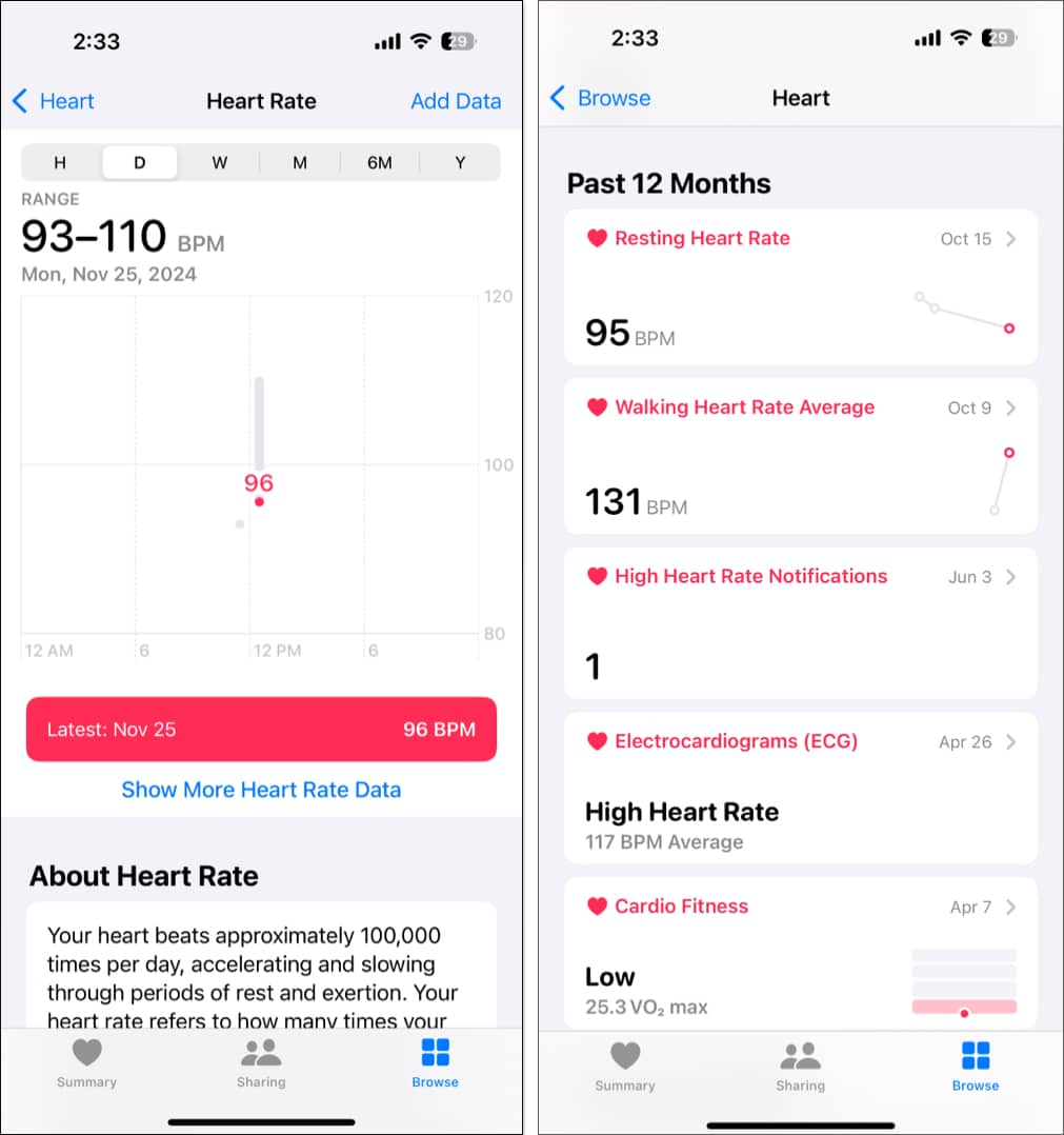 Checking heart rate details over days weeks and months in the Health app