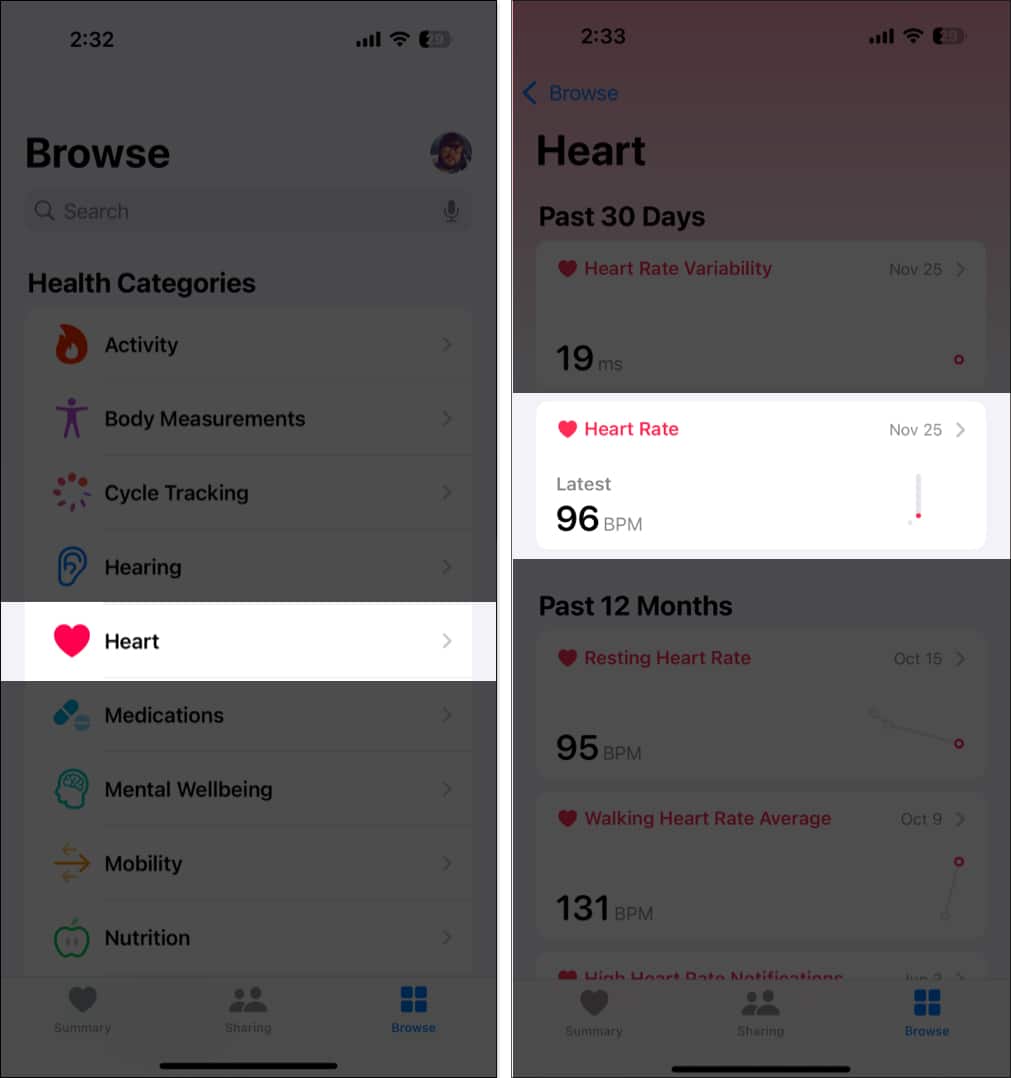 Checking heart rate in the Health app on an iPhone