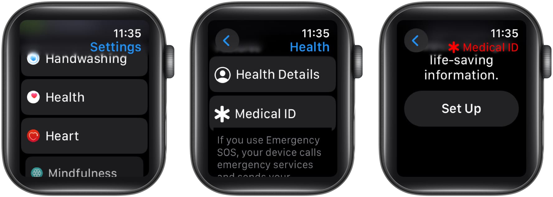 Välj Heath från inställningsappen på Apple Watch och tryck på Medical ID