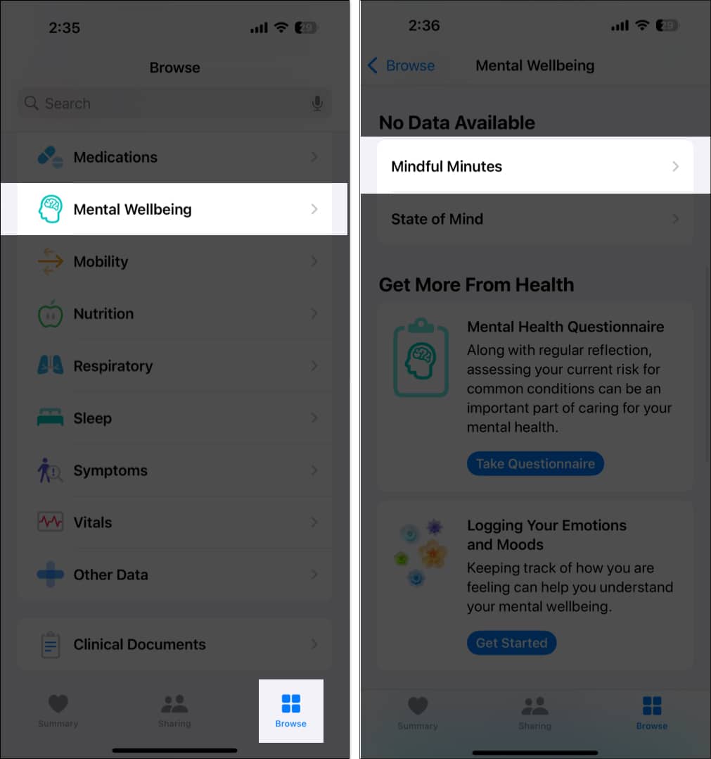 Mindful Minutes option under Mental Wellbeing in the Health app on an iPhone