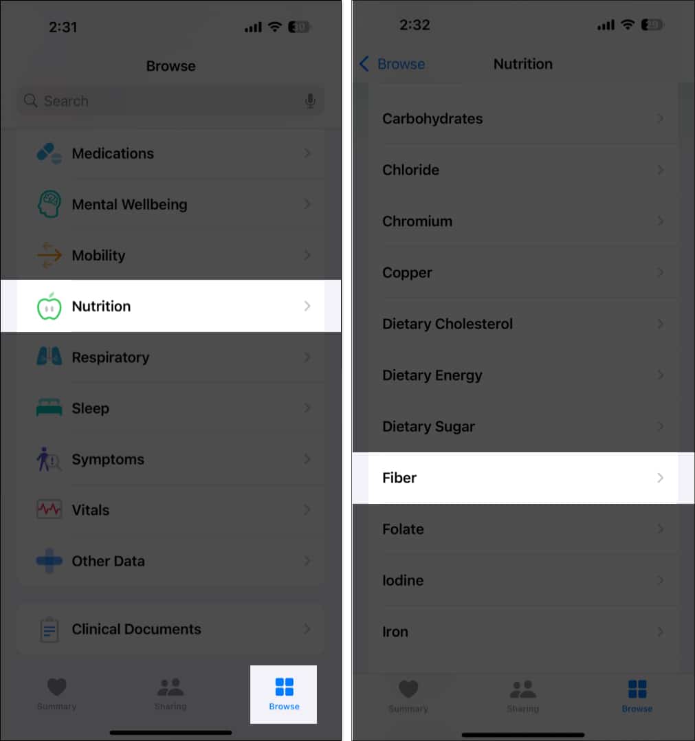 Nutrition option in the Browse tab on the iOS Health app