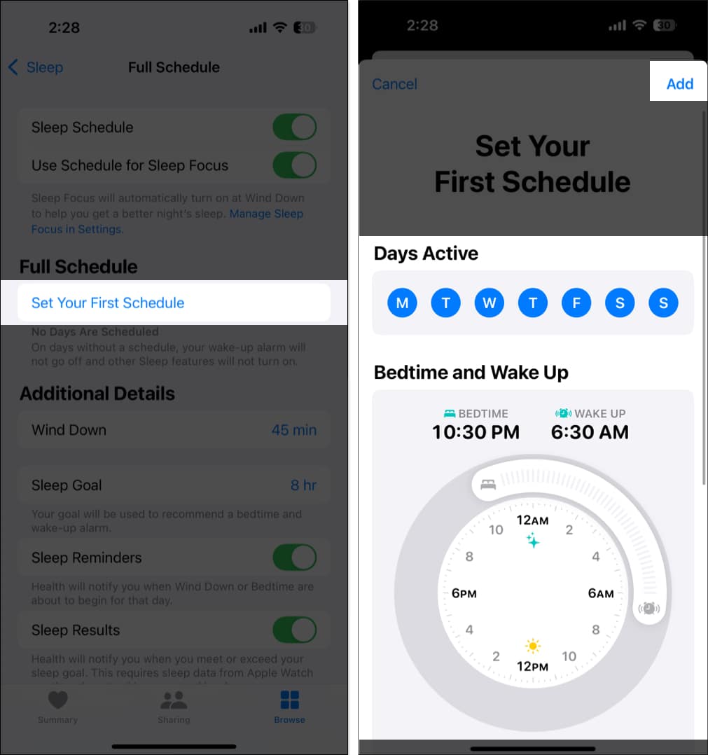 Select Set Your First Schedule to set sleep schedule on iPhone