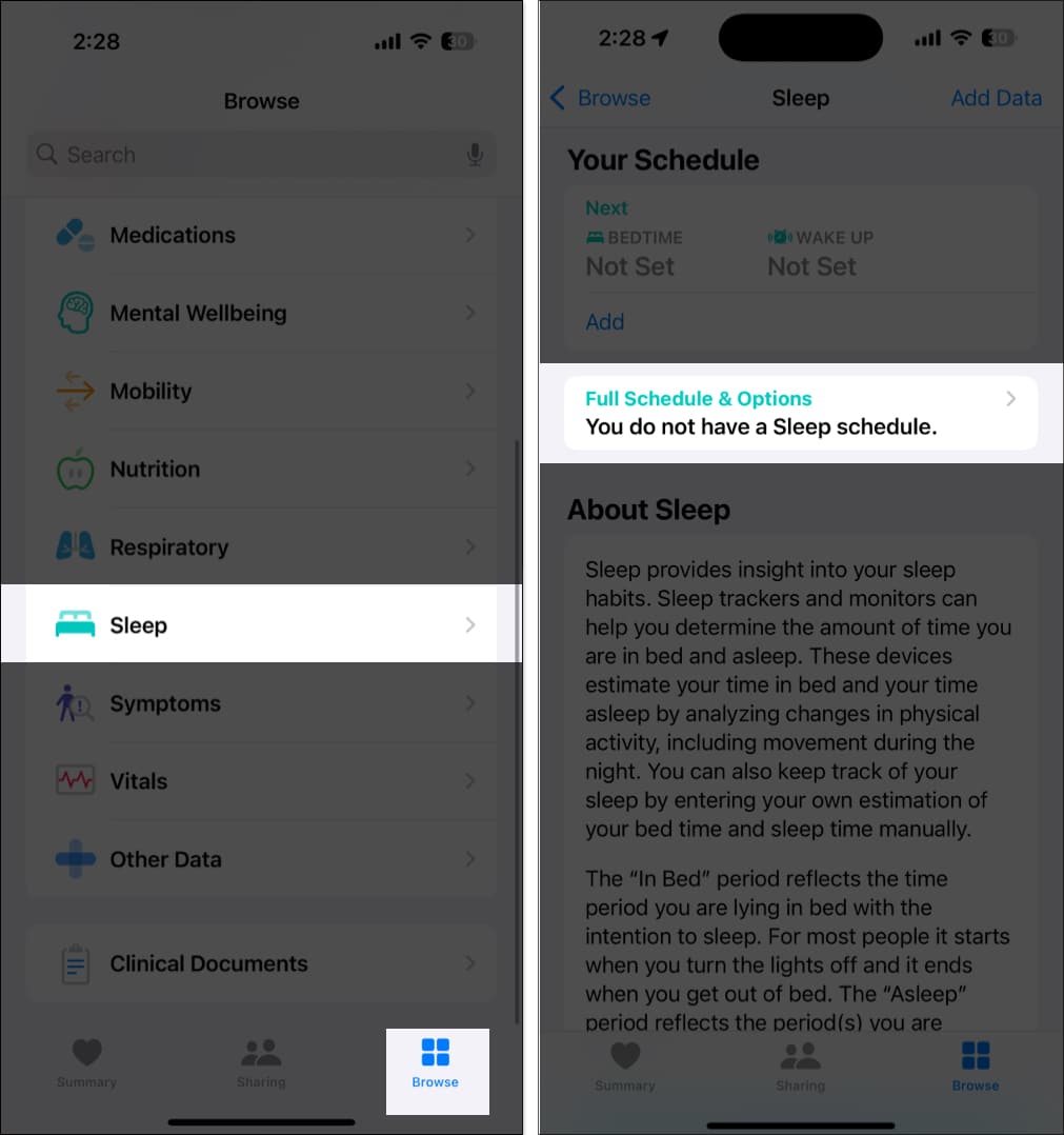 Full Schedule Options option for setting up a sleep schedule in the Health app