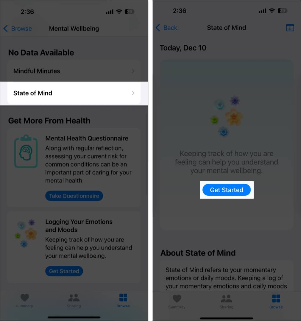 Enabling the State of Mind tracking option in Health app