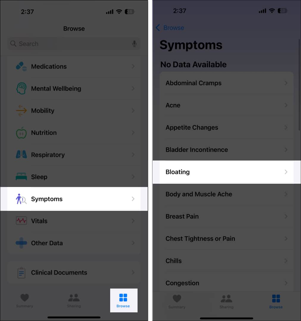 Selecting symptoms in Health app to log them