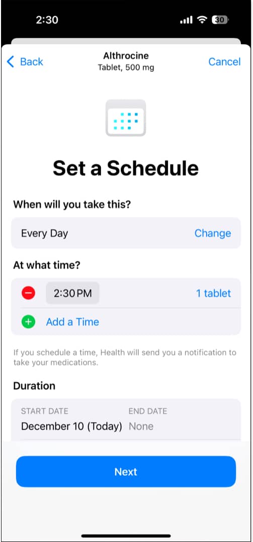 Setting a schedule for a medication in the Health app