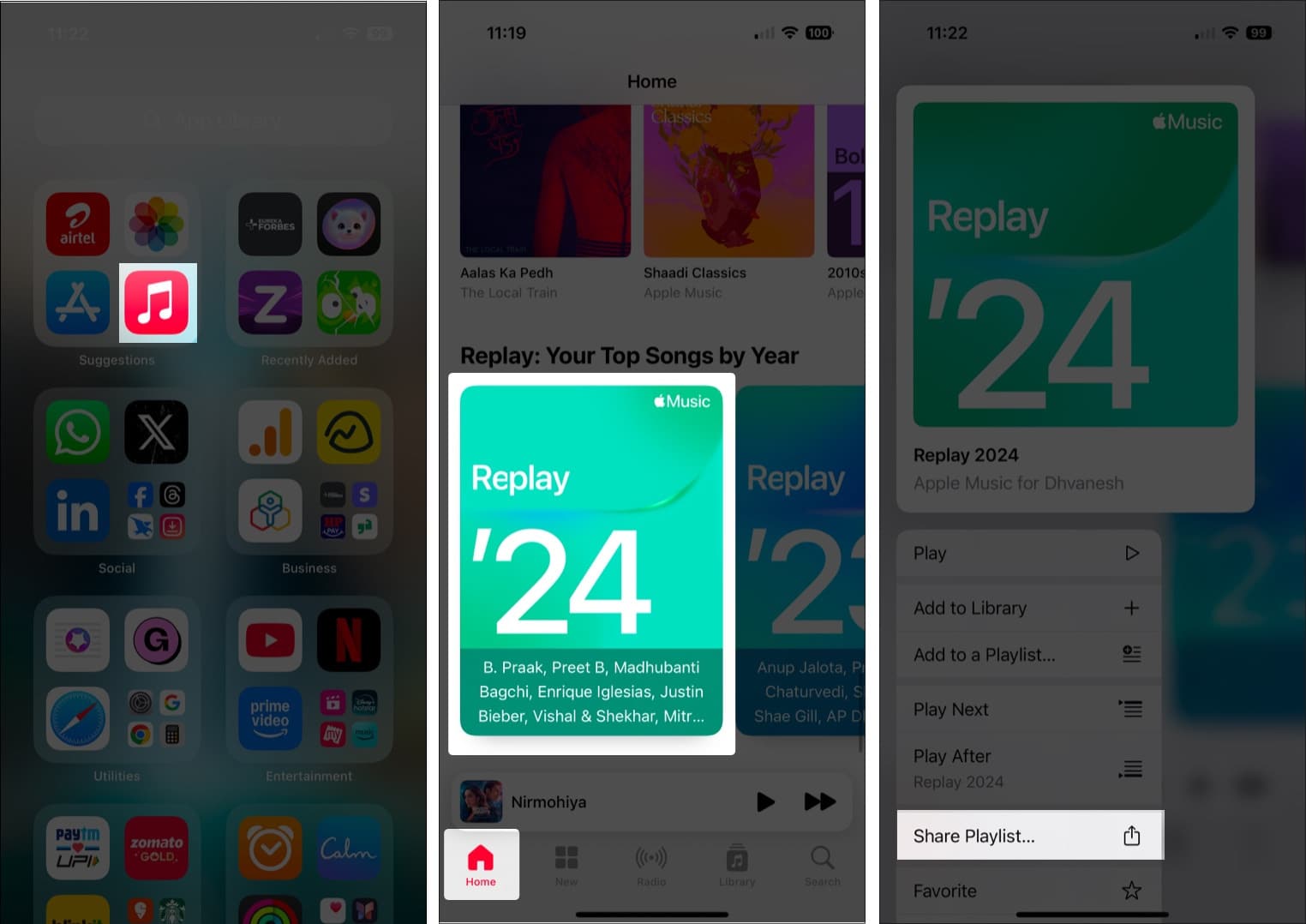 Sharing Apple Music Replay playlist on an iPhone