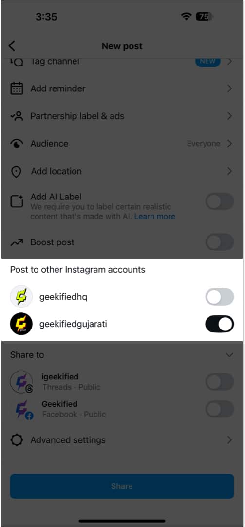 Dela ett inlägg till olika Instagram-konton samtidigt på iPhone-appen