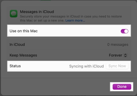 Synkronisera meddelanden till iCloud på en Mac